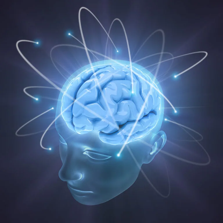 Glowing blue brain inside translucent head silhouette with orbiting energy particles