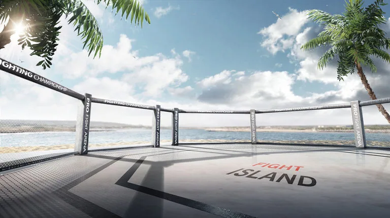 Empty MMA octagon cage with ocean view and palm trees, text reads 'Fight Island'