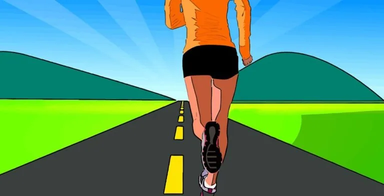 Runner in orange shirt jogging down a straight road with yellow center line through green hills