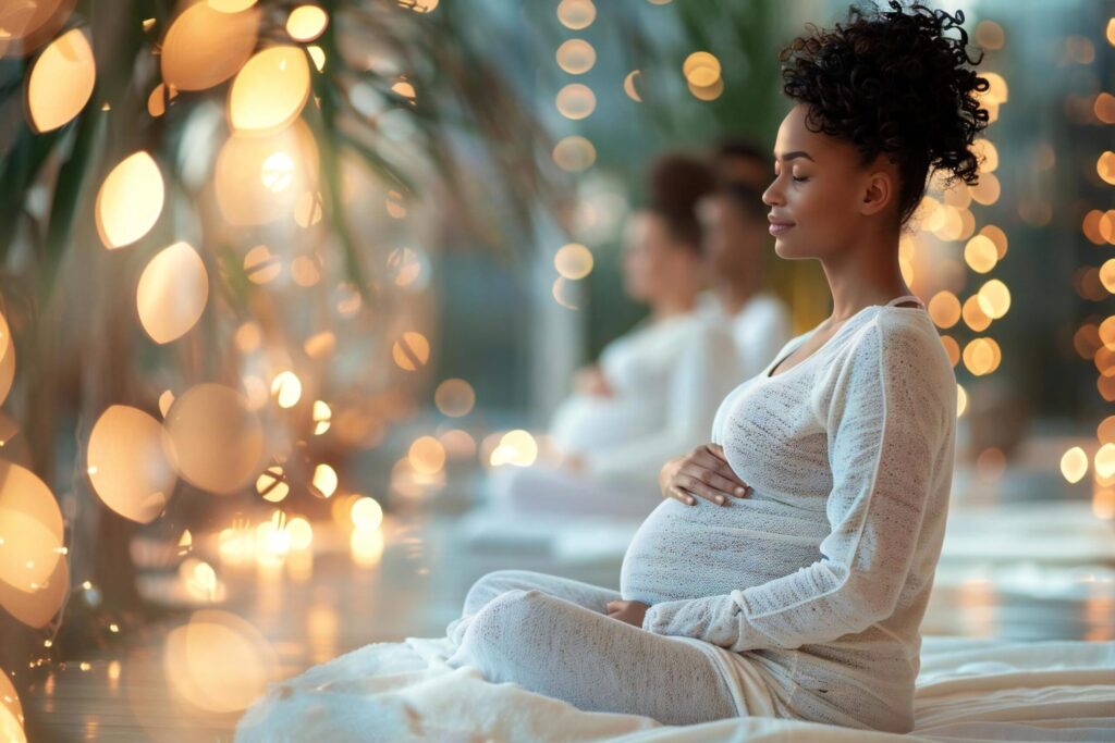 Pregnant woman in white outfit sitting cross-legged with eyes closed, hands resting on her belly, meditating in a softly lit studio with bokeh lights.