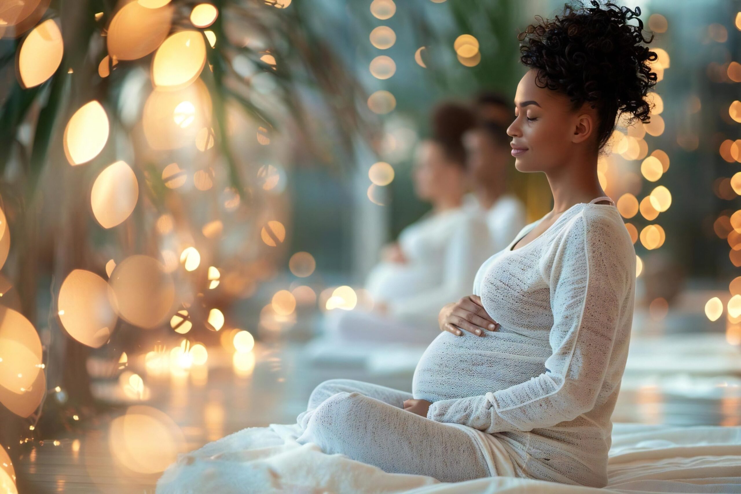 Pregnant woman in white outfit sitting cross-legged with eyes closed, hands resting on her belly, meditating in a softly lit studio with bokeh lights.