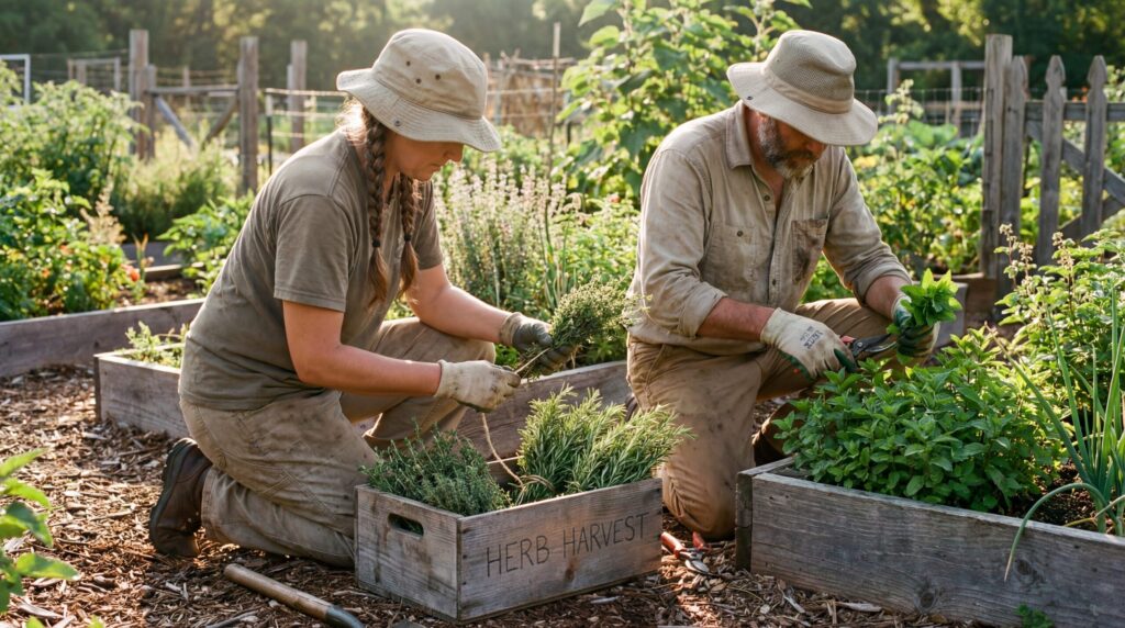 Two gardeners in tan work clothes and sun hats harvesting herbs from wooden raised beds in a sunny garden.