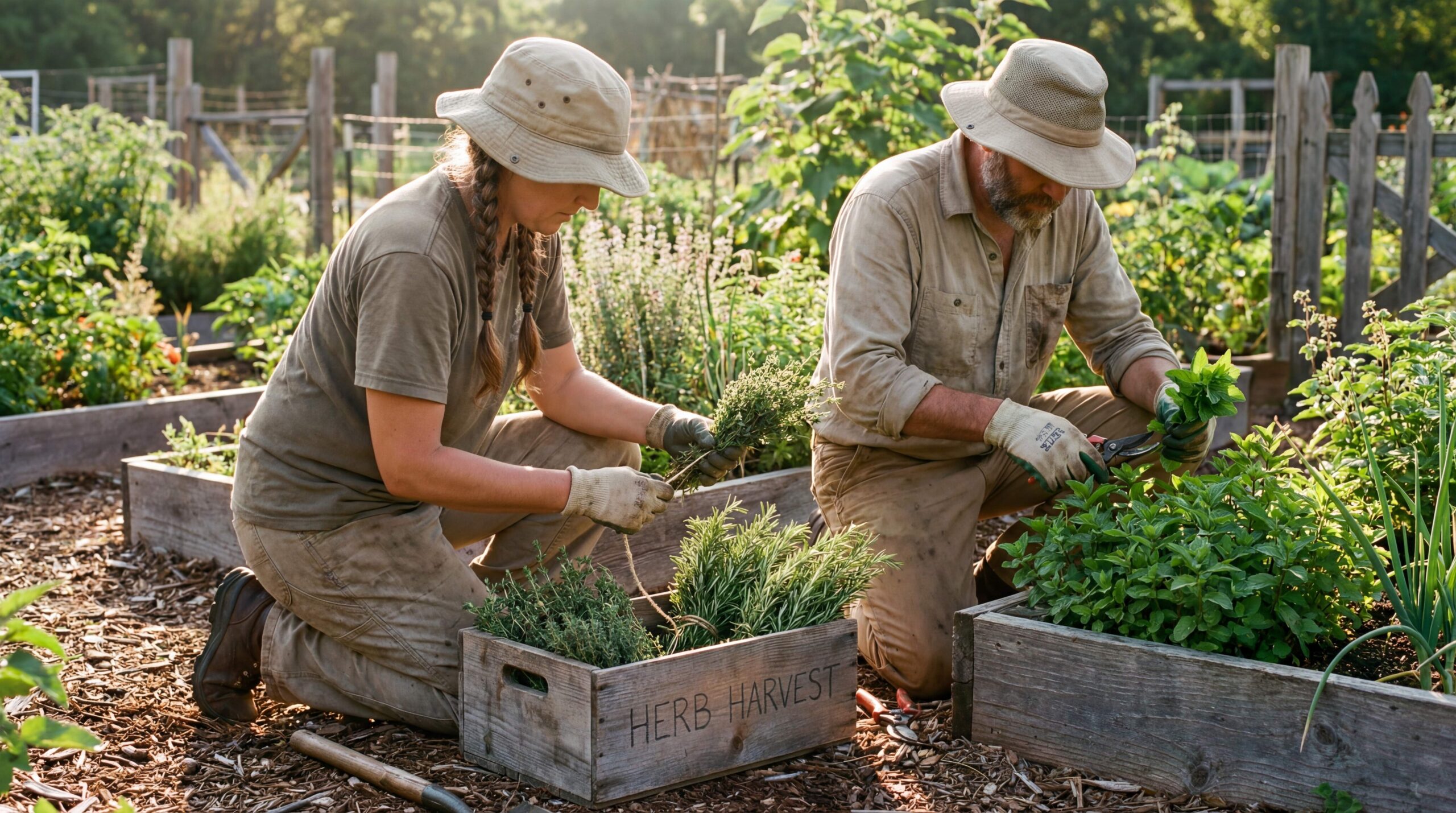 Two gardeners in tan work clothes and sun hats harvesting herbs from wooden raised beds in a sunny garden.