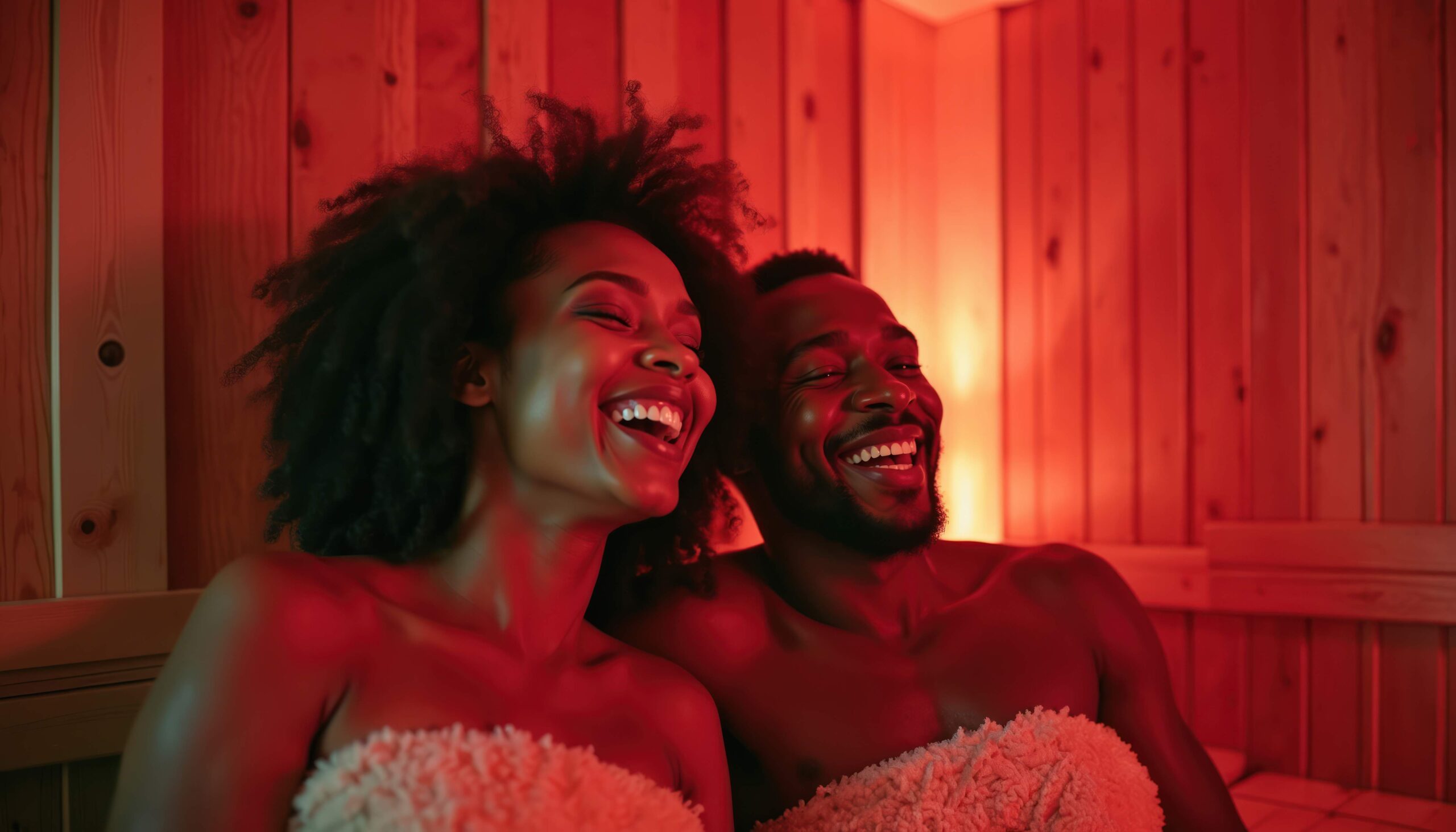 Two people smiling in a red-lit infrared sauna, wrapped in towels