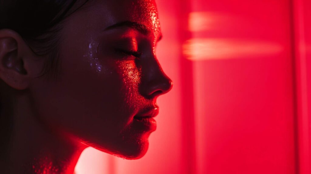 Person's profile illuminated by red infrared light, eyes closed in a relaxed expression with glowing particles on face