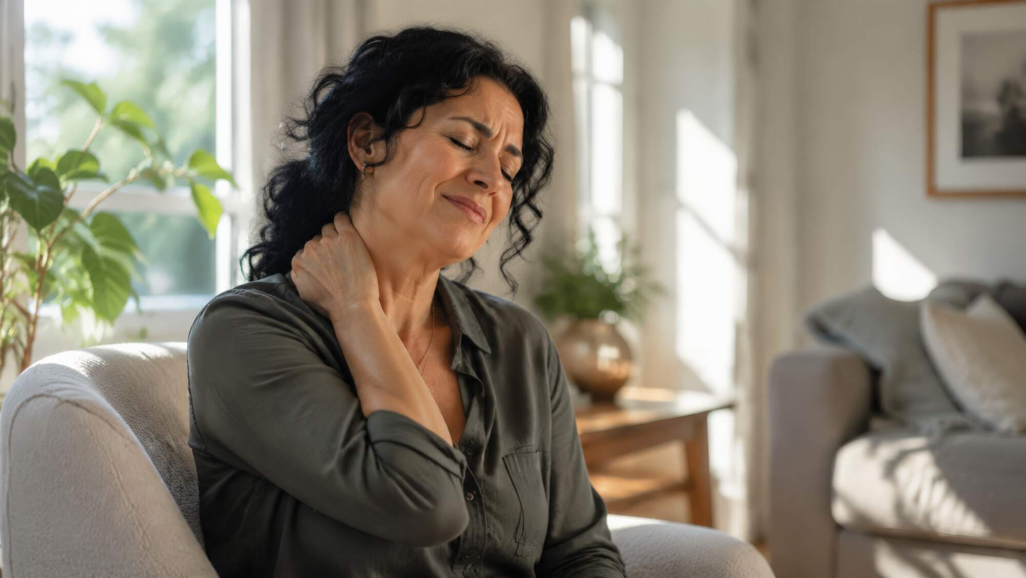 Woman sitting on a couch with eyes closed, touching her neck and shoulder area with a pained expression