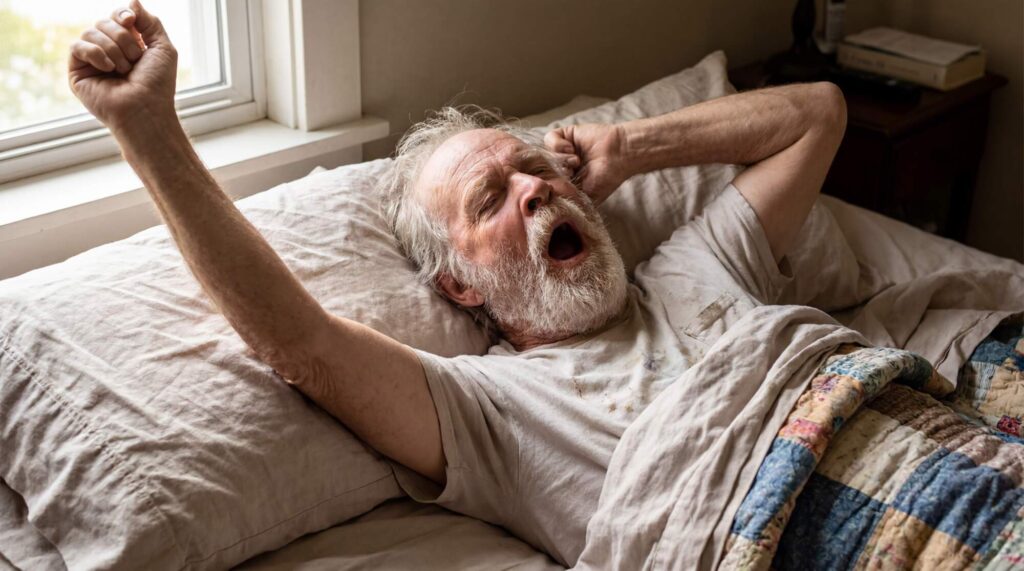 Older man stretching in bed with one arm raised above his head while yawning