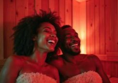 Two people smiling in a red-lit infrared sauna, wrapped in towels