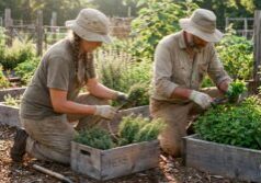 Two gardeners in tan work clothes and sun hats harvesting herbs from wooden raised beds in a sunny garden.
