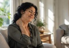 Woman sitting on a couch with eyes closed, touching her neck and shoulder area with a pained expression