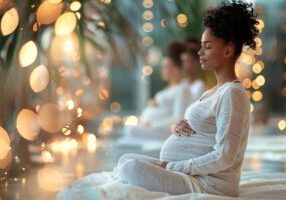 Pregnant woman in white outfit sitting cross-legged with eyes closed, hands resting on her belly, meditating in a softly lit studio with bokeh lights.