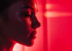 Person's profile illuminated by red infrared light, eyes closed in a relaxed expression with glowing particles on face